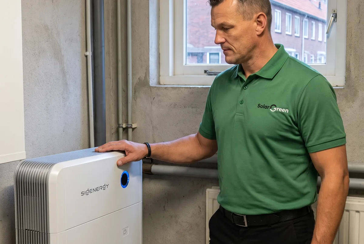 Adviseur van Solar Green met zijn hand op een Sigenergy SigenStor thuisbatterij in een bijkeuken