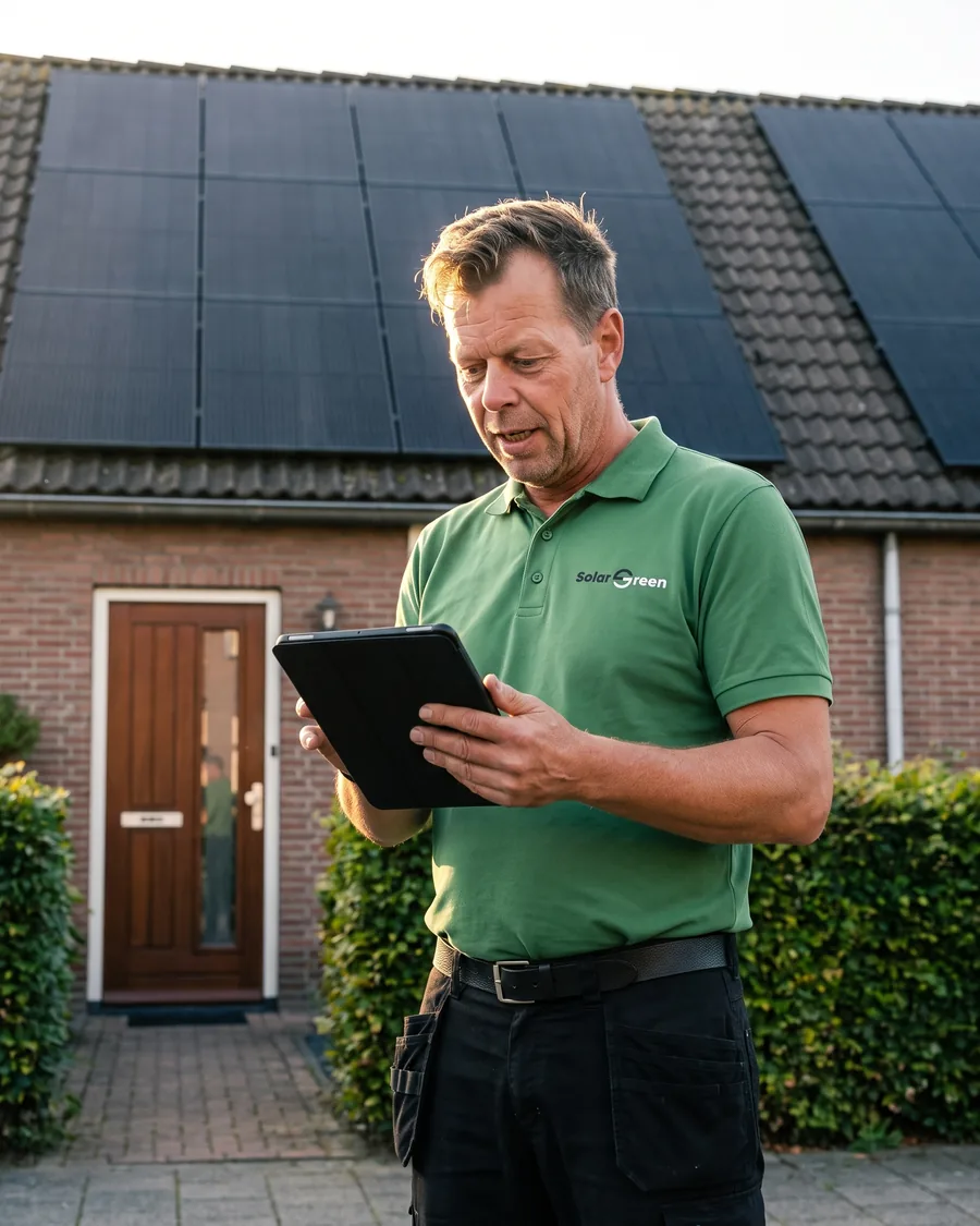 Adviseur van Solar Green met een tablet voor een woning met zonnepanelen op het dak