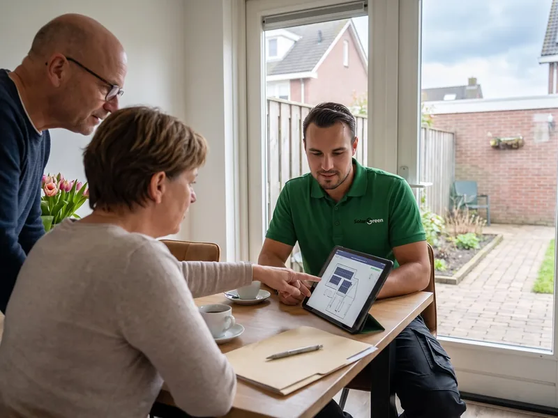 Adviseur van Solar Green aan de keukentafel bij een stel, met een tablet tussen hen in
