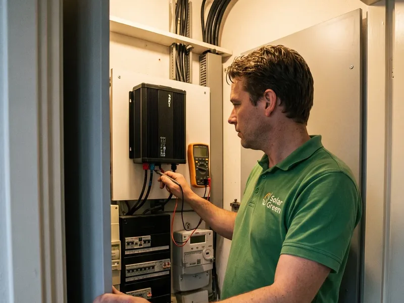 Monteur van Solar Green meet de meterkast door met een multimeter