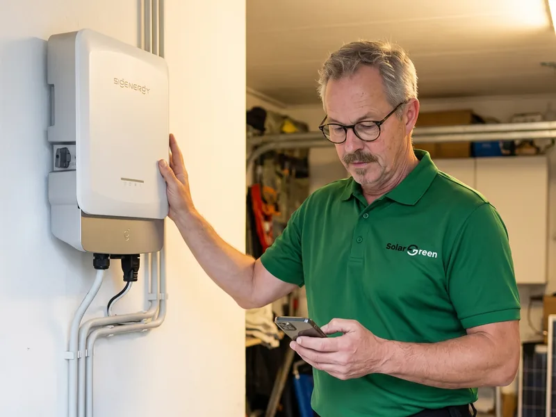 Monteur van Solar Green controleert de installatie op zijn telefoon, naast de Sigenergy-omvormer