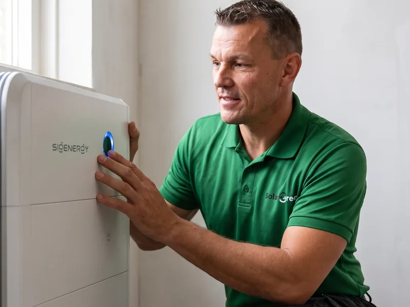 Monteur van Solar Green met beide handen op een Sigenergy SigenStor, vlak na plaatsing