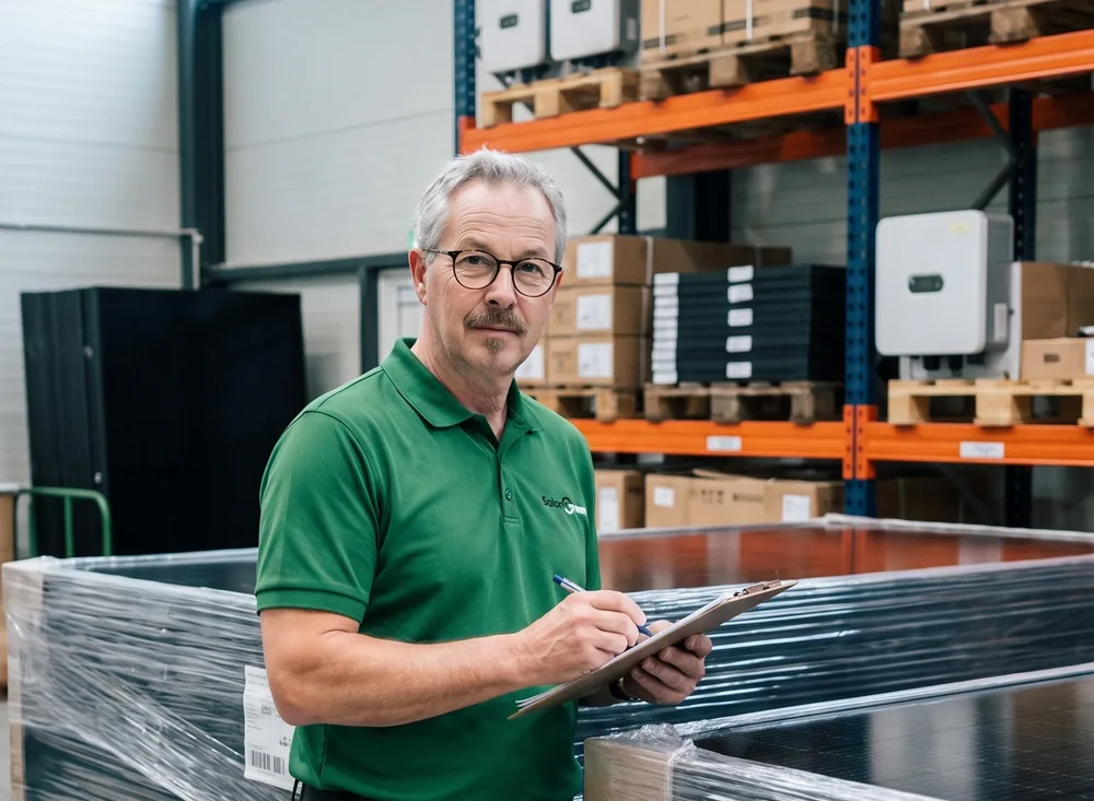 Medewerker van Solar Green telt de voorraad in het eigen magazijn, met omvormers op de stelling
