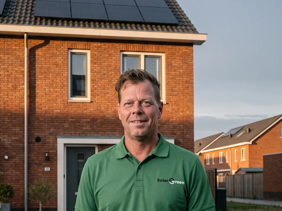 Adviseur van Solar Green voor een Nederlandse rijwoning met zonnepanelen, in het avondlicht