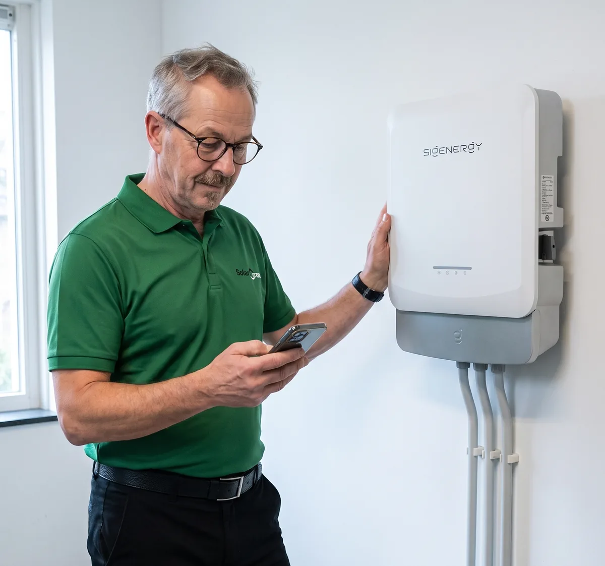 Monteur van Solar Green met zijn telefoon naast een Sigenergy-omvormer aan de muur