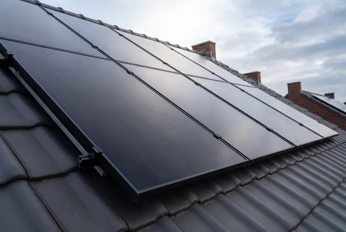 Rij full black glas-glas zonnepanelen strak gelegd op een antracietkleurig pannendak