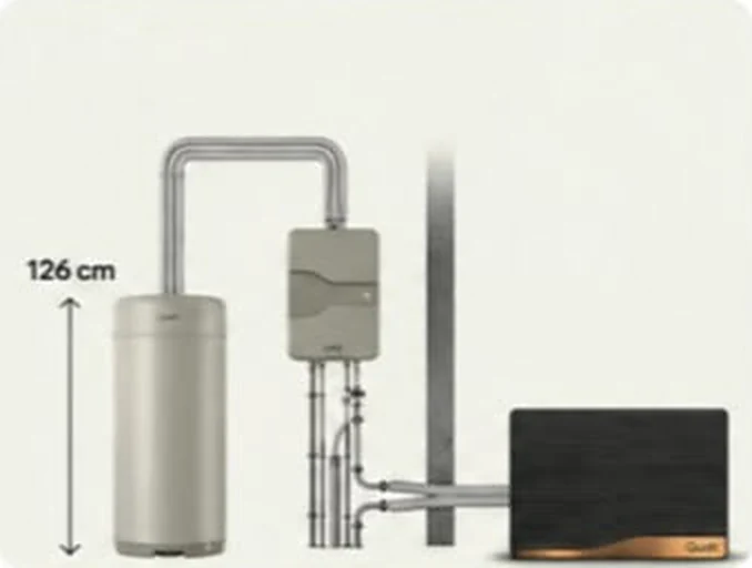 Opstelling van de volledig elektrische warmtepomp Large: boilervat van 187 liter en 126 cm hoog, binnenunit aan de muur en de buitenunit