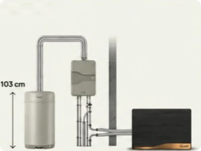 Opstelling van de volledig elektrische warmtepomp Medium: boilervat van 147 liter en 103 cm hoog, binnenunit aan de muur en de buitenunit