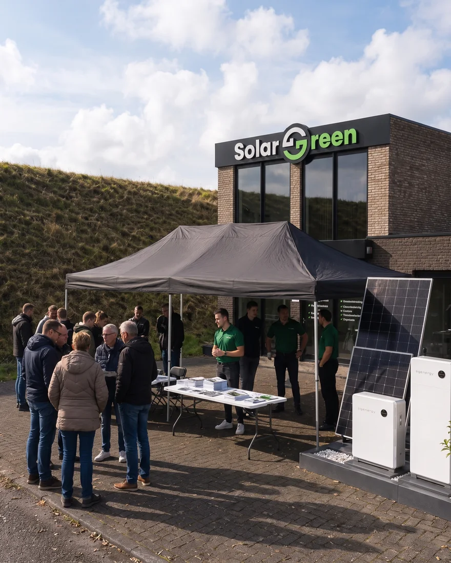 Bezoekers op de open dag bij Solar Green in Rotterdam, met opgestelde zonnepanelen voor het pand