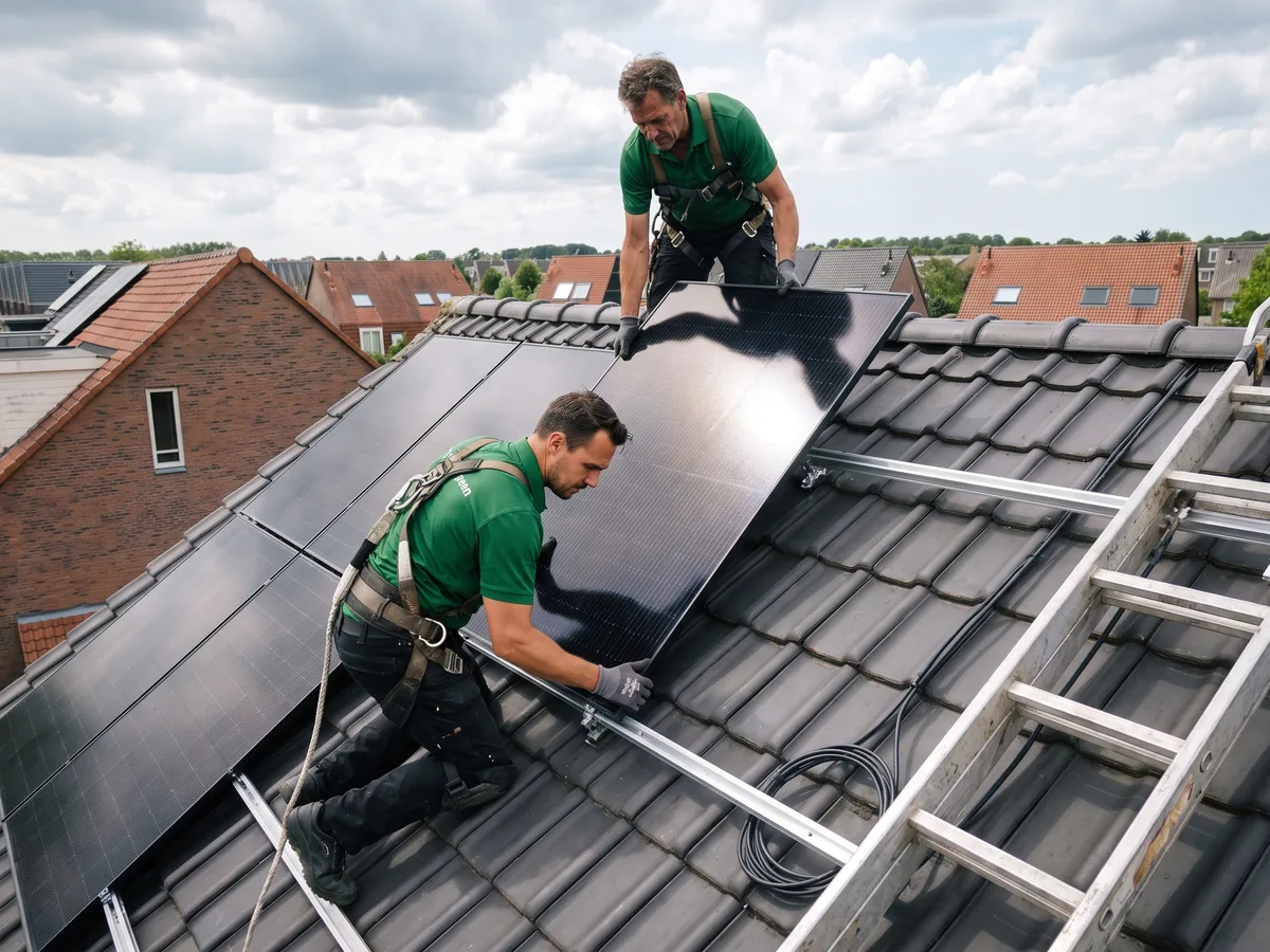 Twee monteurs van Solar Green leggen een zwart zonnepaneel op de montagerails van een schuin dak