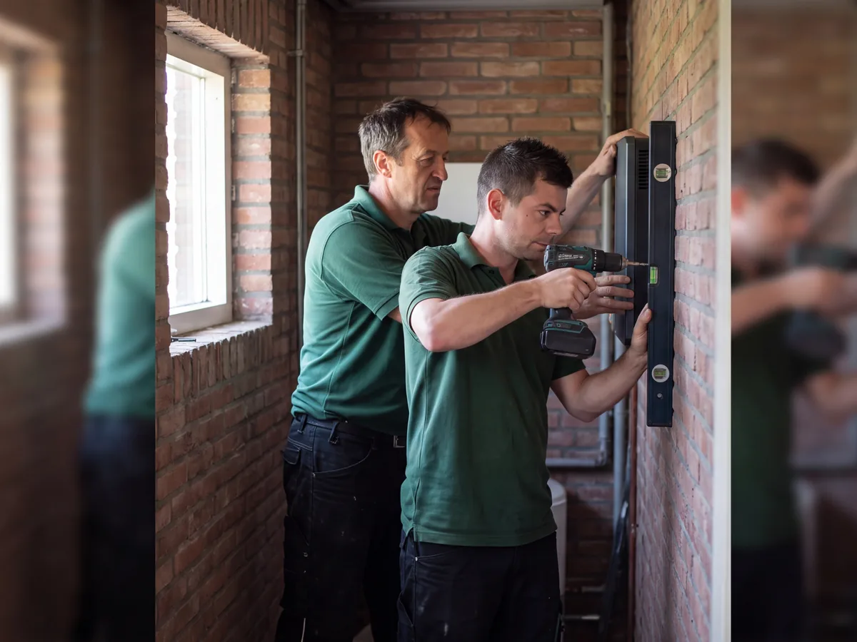 Twee installateurs van Solar Green werken met een waterpas aan de buitengevel van een woning
