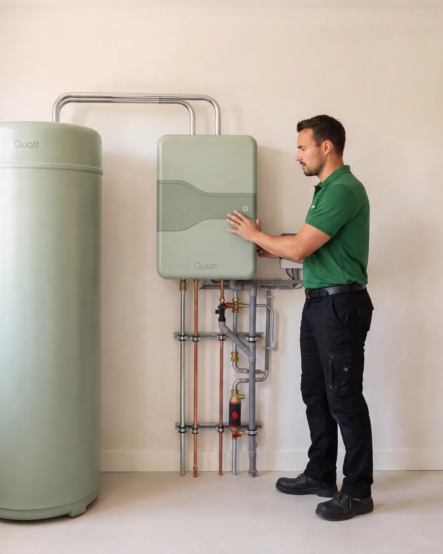 Installateur van Solar Green bij een binnenopstelling met warmtepompboiler, op de plek waar eerder de cv-ketel hing
