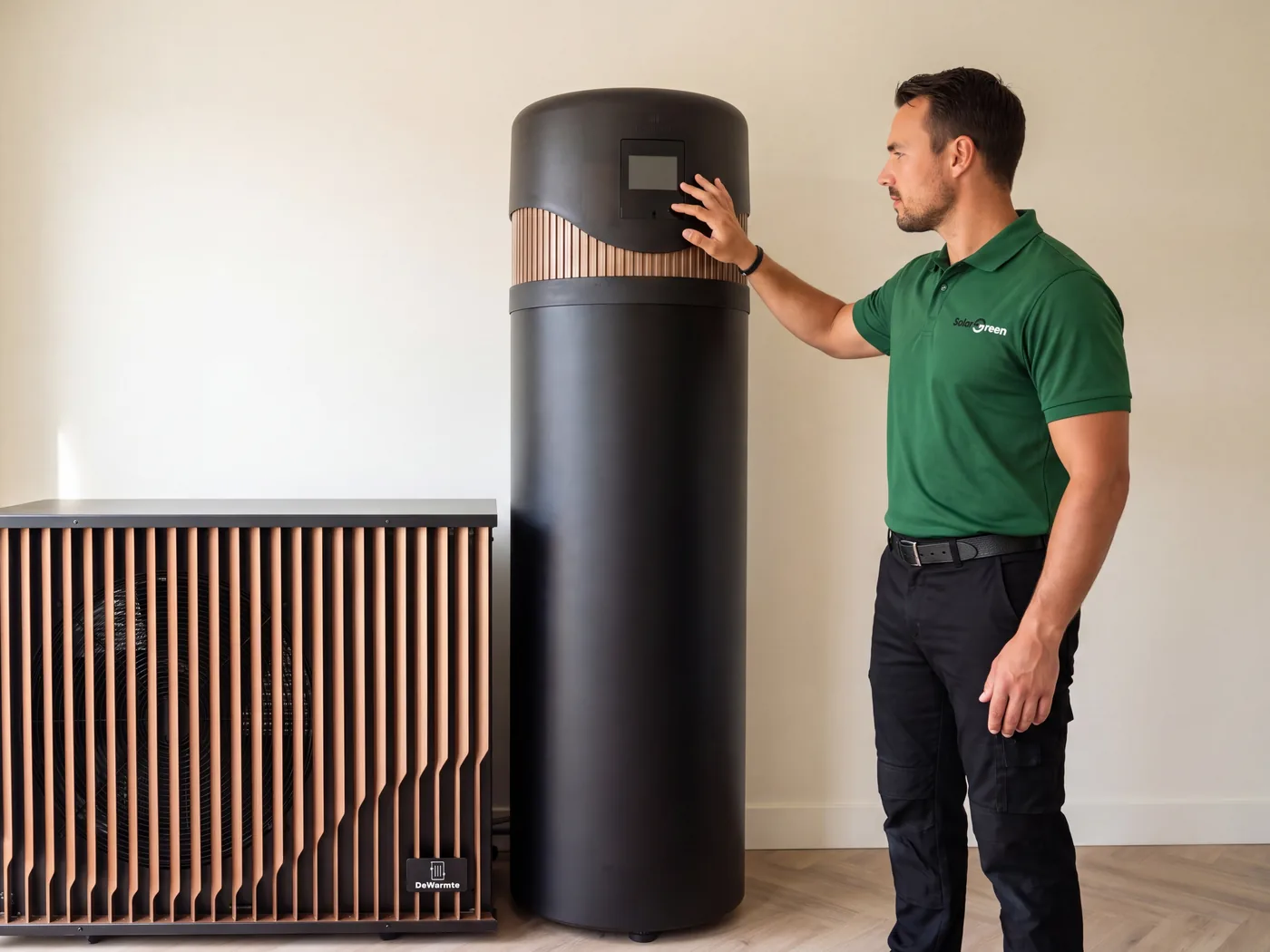 Installateur van Solar Green bij een DeWarmte warmtepompboiler en buitenunit in een woning