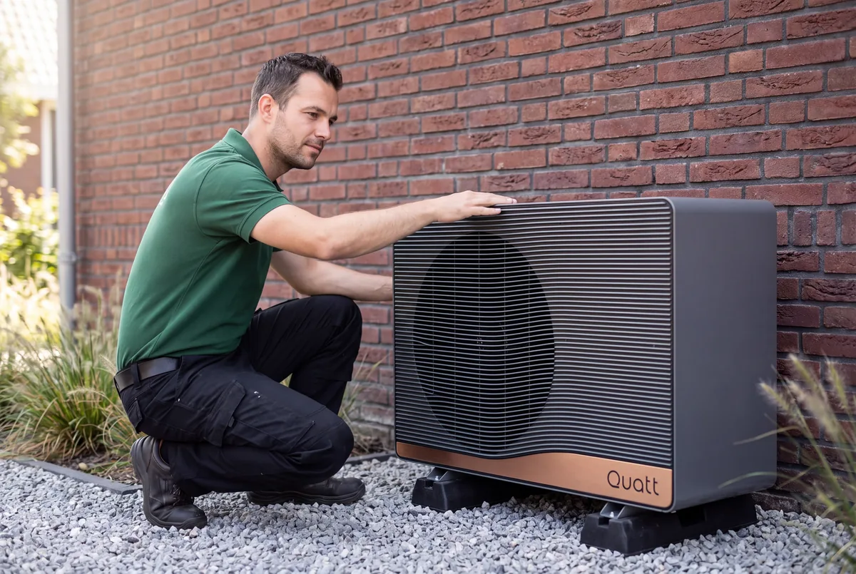 Installateur van Solar Green bij een warmtepomp-buitenunit tegen de gevel van een woning
