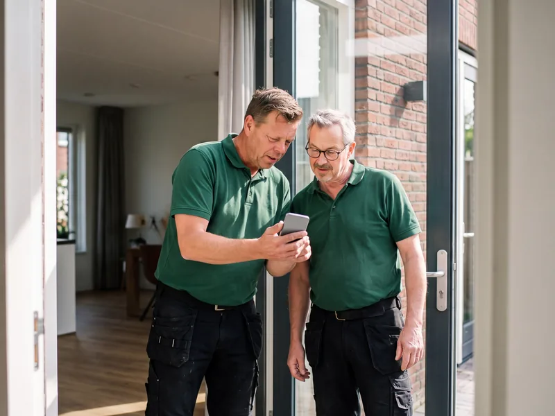 Monteur van Solar Green laat de app zien aan een klant in de deuropening