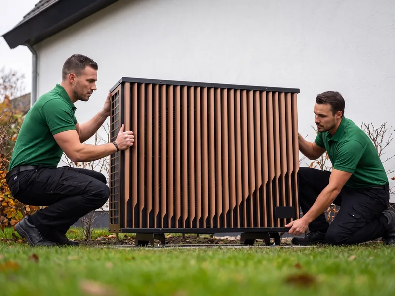 Twee installateurs van Solar Green zetten een warmtepomp-buitenunit op zijn plek